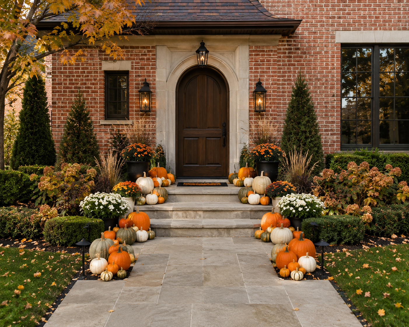 Amber Welcome — Bertog Landscape porch pumpkin display