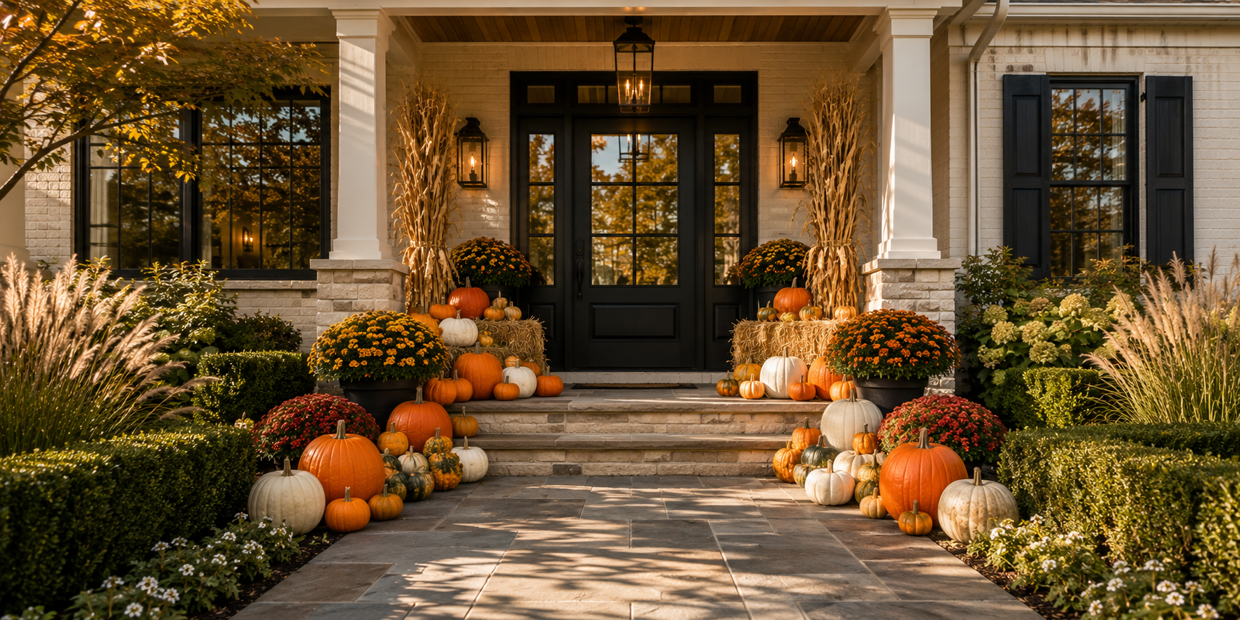 Bertog fall porch pumpkin display installed on a North Shore porch